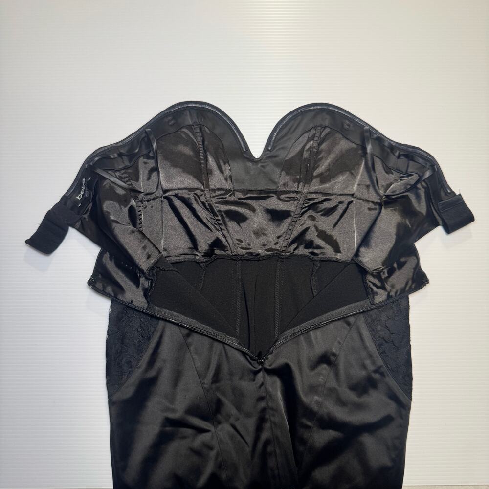 bebe Strapless Black Satin Lace Sheath Dress Women’s Medium Bodycon Bombshell - Picture 5 of 16